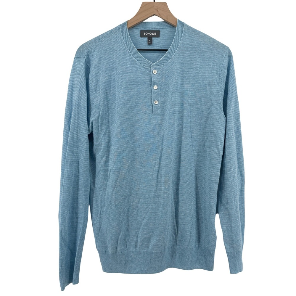 Bonobos Slim Fit Lightweight Linen Cotton Henley Sweater Light Blue Stripe Men M